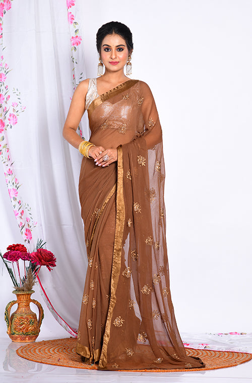 Morchari Heavy Embroidery Saree - Brown