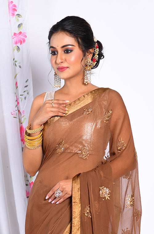 Morchari Heavy Embroidery Saree - Brown