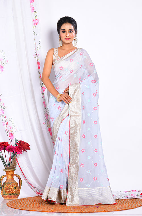 Morchari Heavy Embroidery Saree - Light Blue