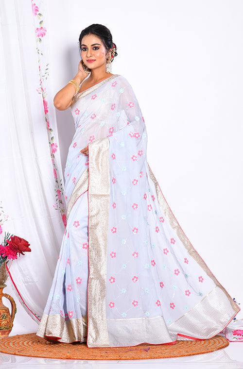 Morchari Heavy Embroidery Saree - Light Blue