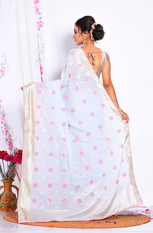 Morchari Heavy Embroidery Saree - Light Blue