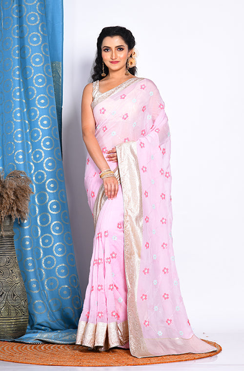 Morchari Heavy Embroidery Saree - Light Pink
