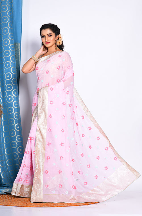 Morchari Heavy Embroidery Saree - Light Pink