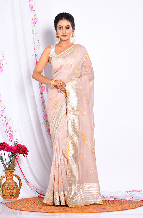 Morchari Heavy Embroidery Saree - Cream