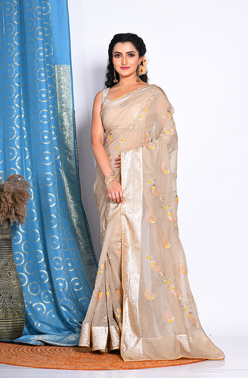 Morchari Heavy Embroidery Saree - Beige