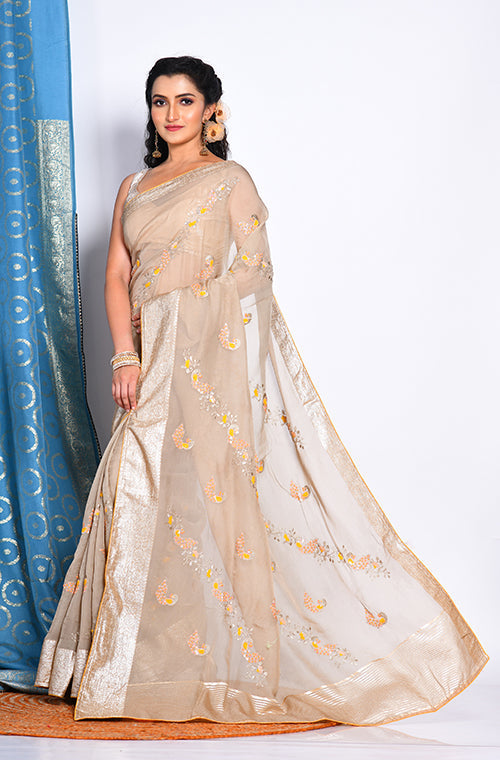 Morchari Heavy Embroidery Saree - Beige