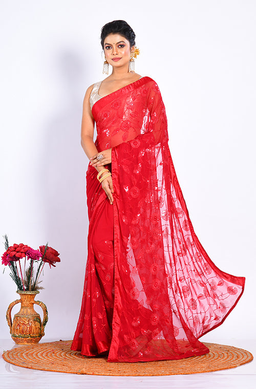 Morchari Heavy Embroidery Saree - Maroon
