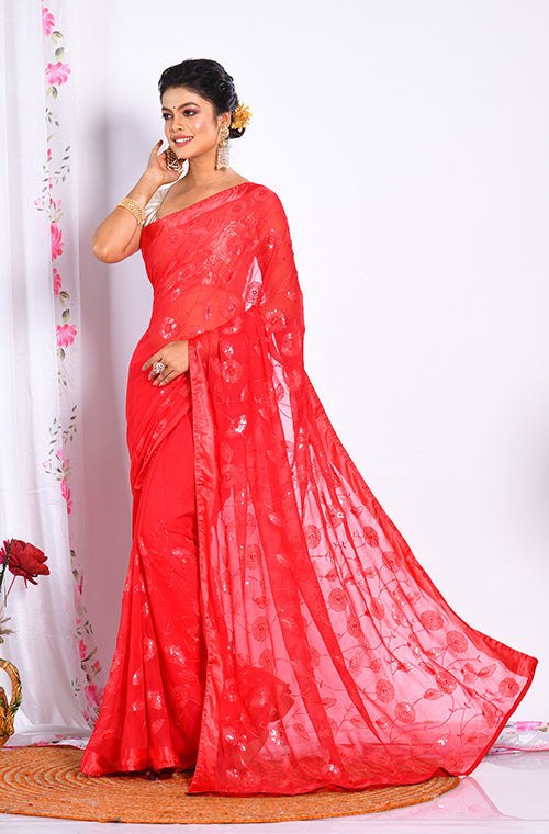 Morchari Heavy Embroidery Saree - Red