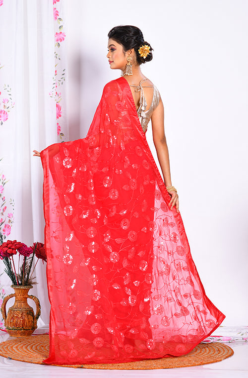 Morchari Heavy Embroidery Saree - Red