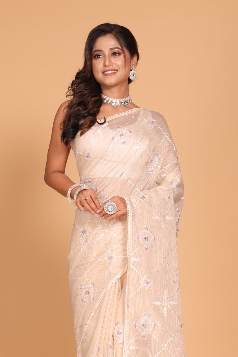 Morchari Kota Embroidery Saree - Beige