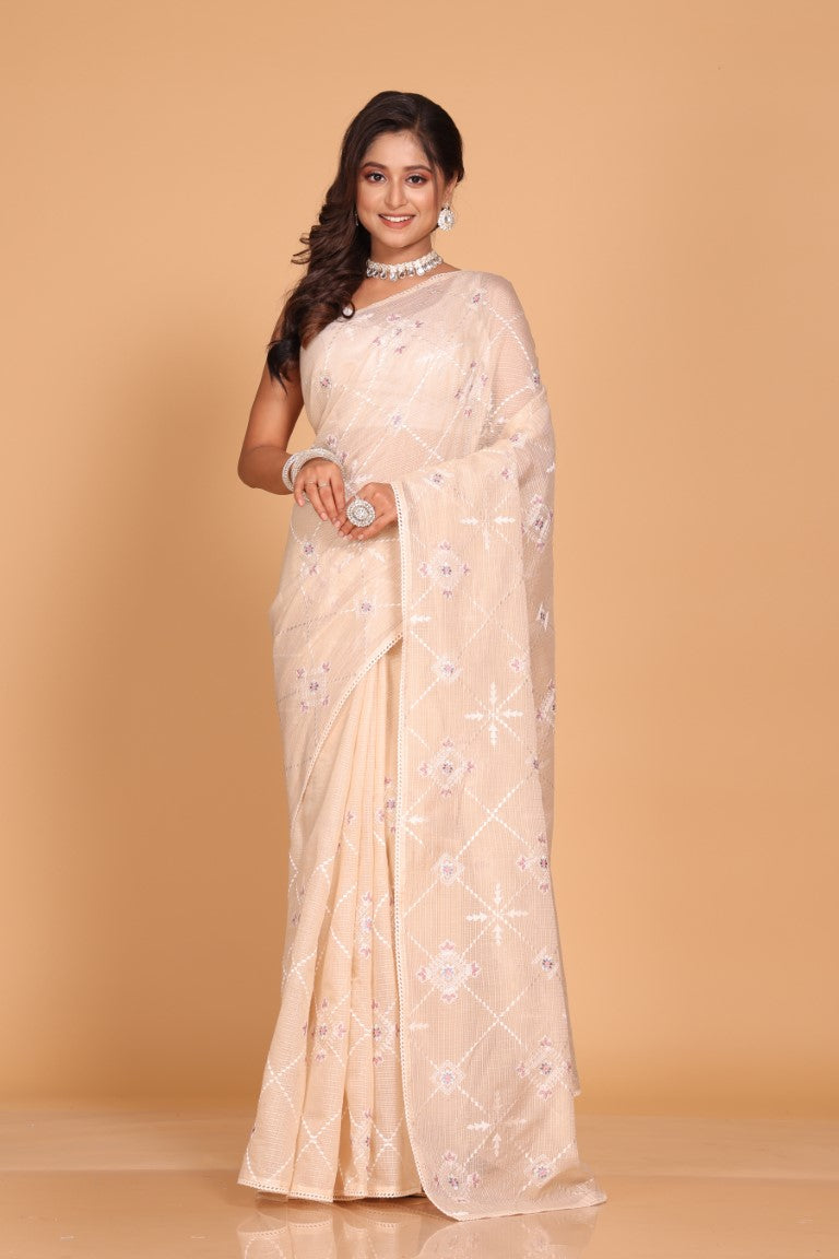 Morchari Kota Embroidery Saree - Beige