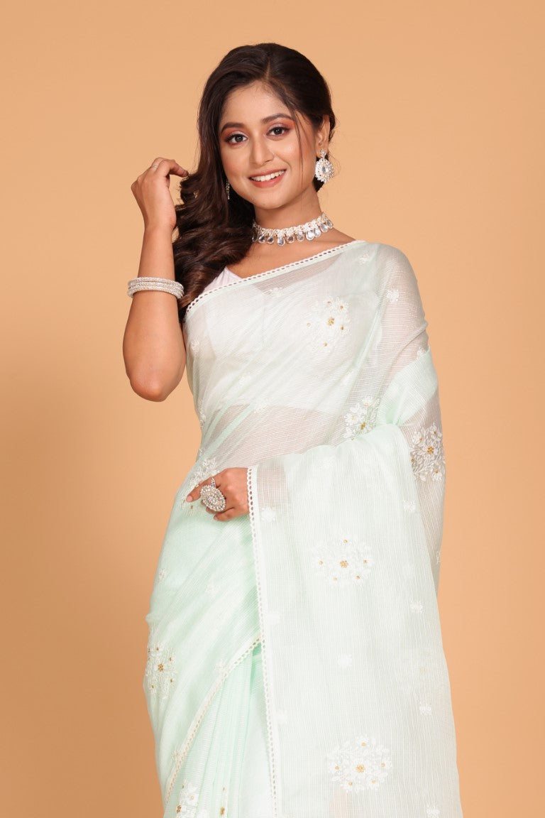 Morchari Kota Embroidery Saree - Sea Green
