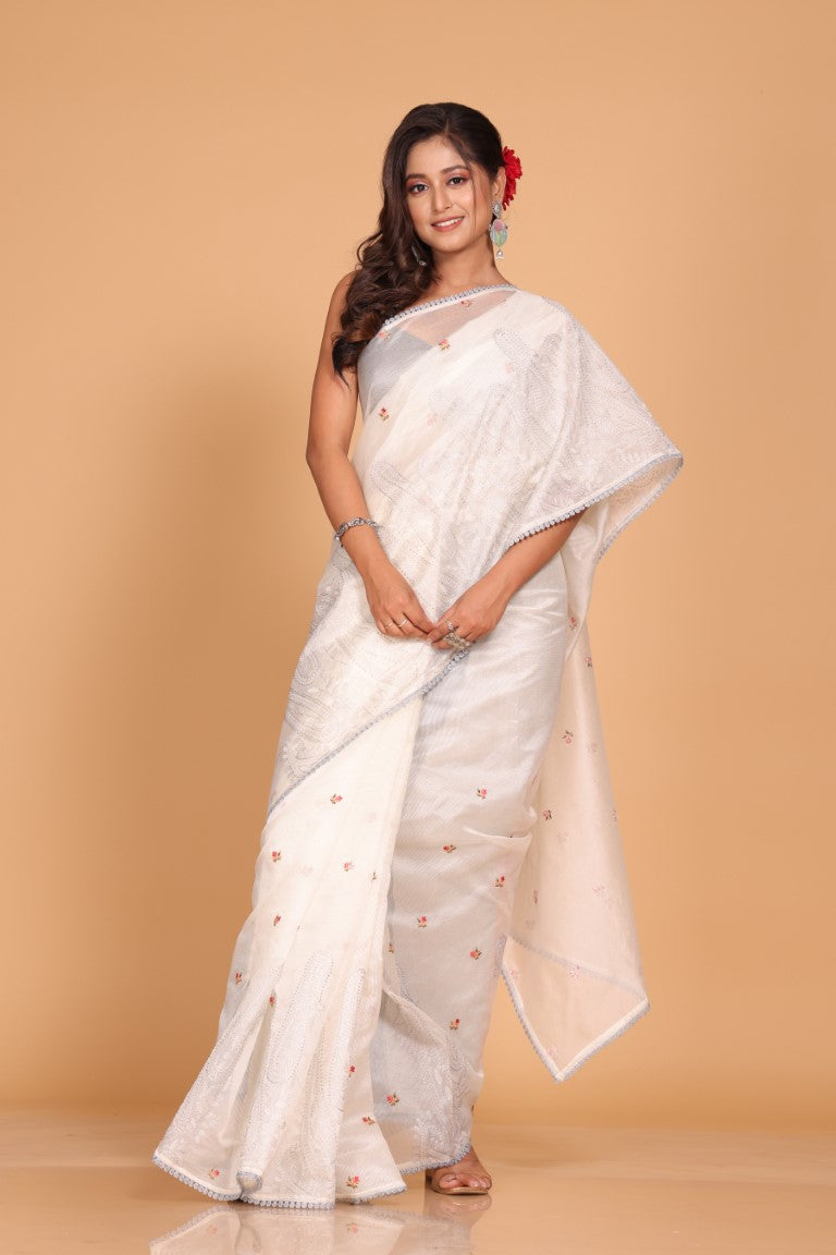 Morchari Supernet Cotton Embroidery Saree - Off White