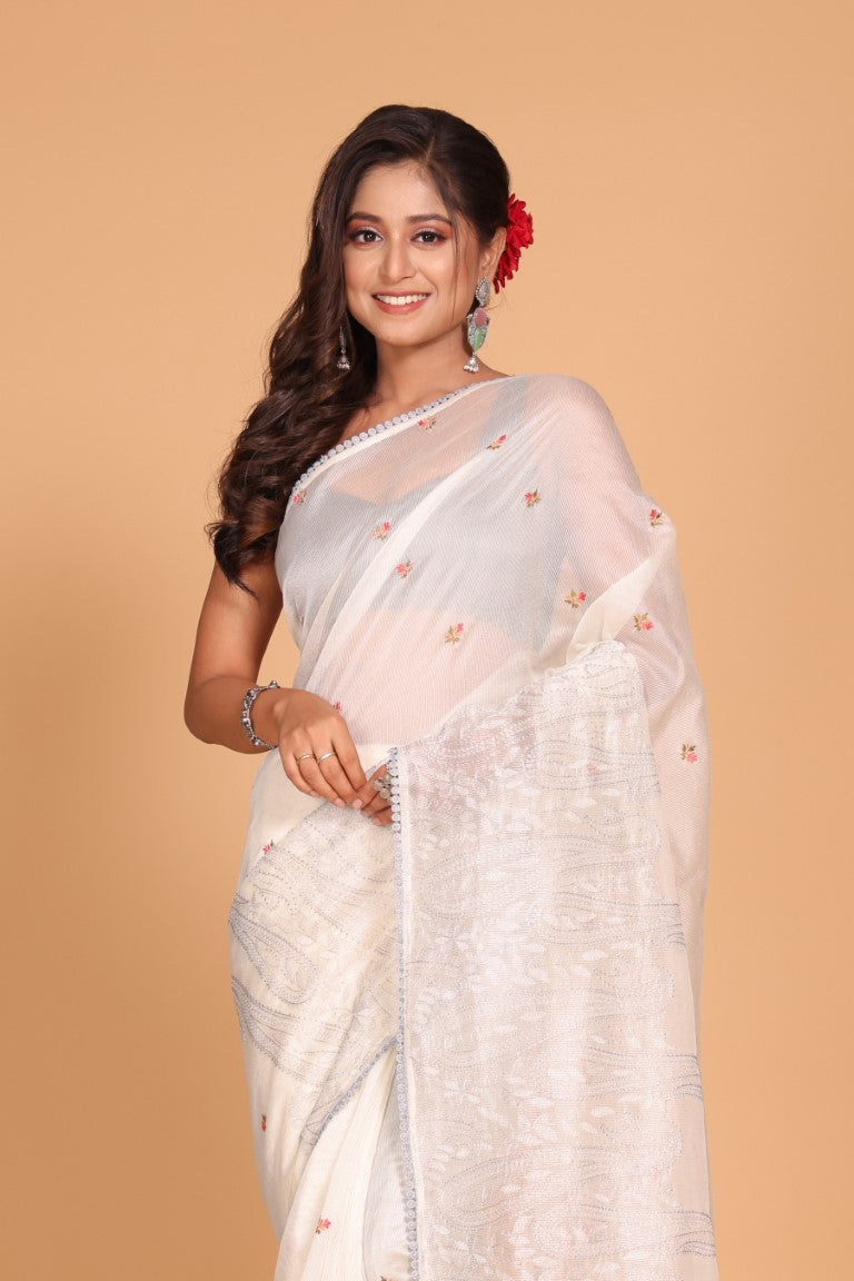 Morchari Supernet Cotton Embroidery Saree - Off White