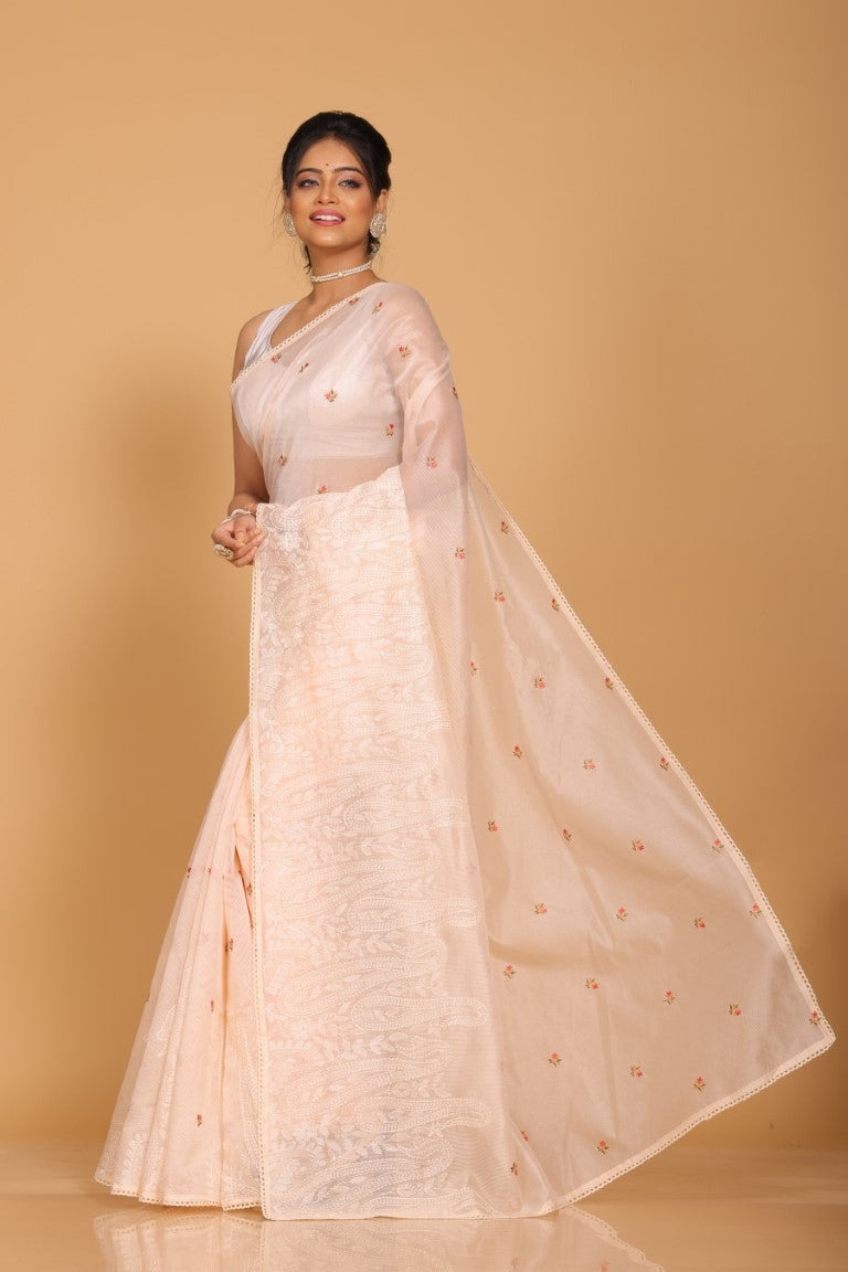 Morchari Cotton Supernet Embroiedery Saree - Light Peach