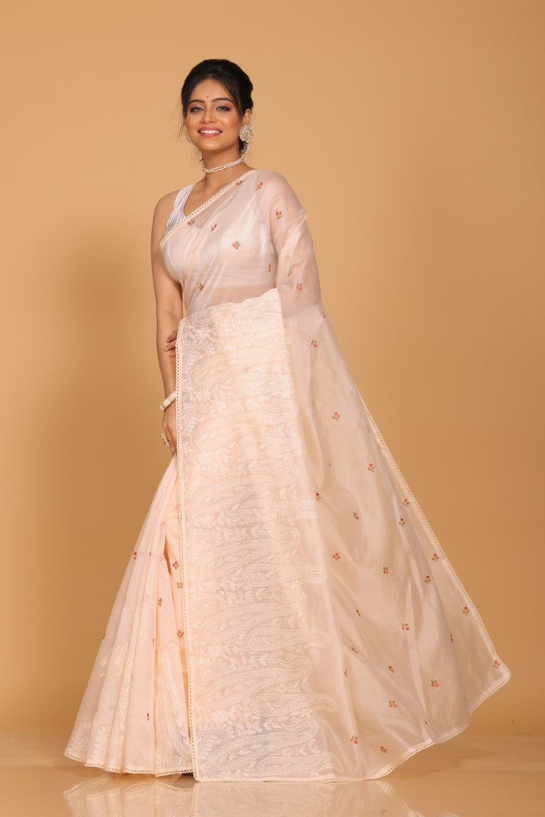 Morchari Cotton Supernet Embroiedery Saree - Light Peach
