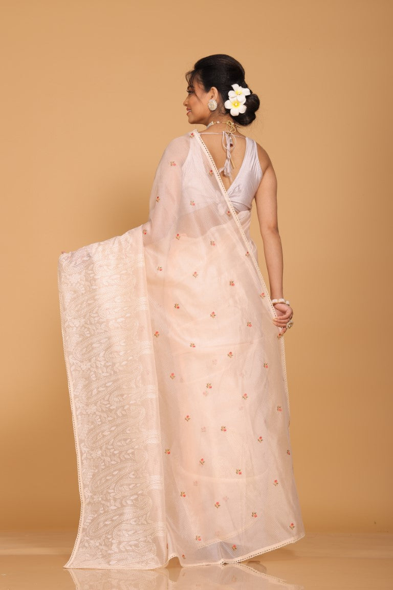 Morchari Cotton Supernet Embroiedery Saree - Light Peach