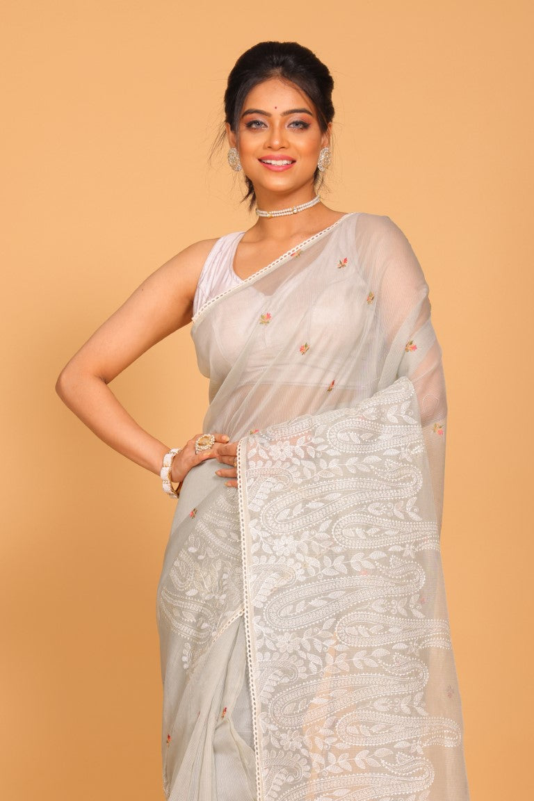 Morchari Cotton Supernet Embroiedery Saree - Dark Grey