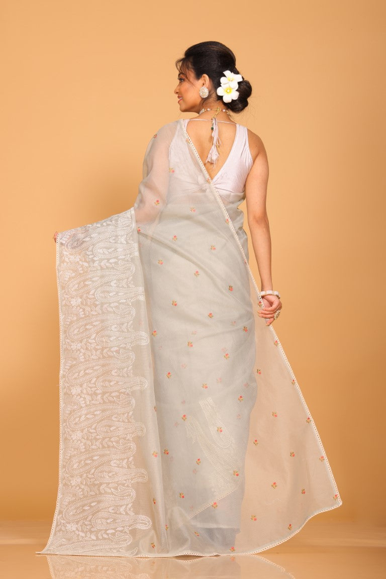 Morchari Cotton Supernet Embroiedery Saree - Dark Grey