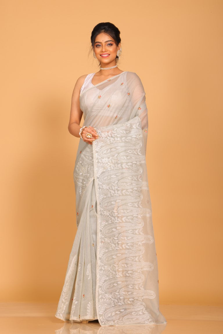 Morchari Cotton Supernet Embroiedery Saree - Dark Grey