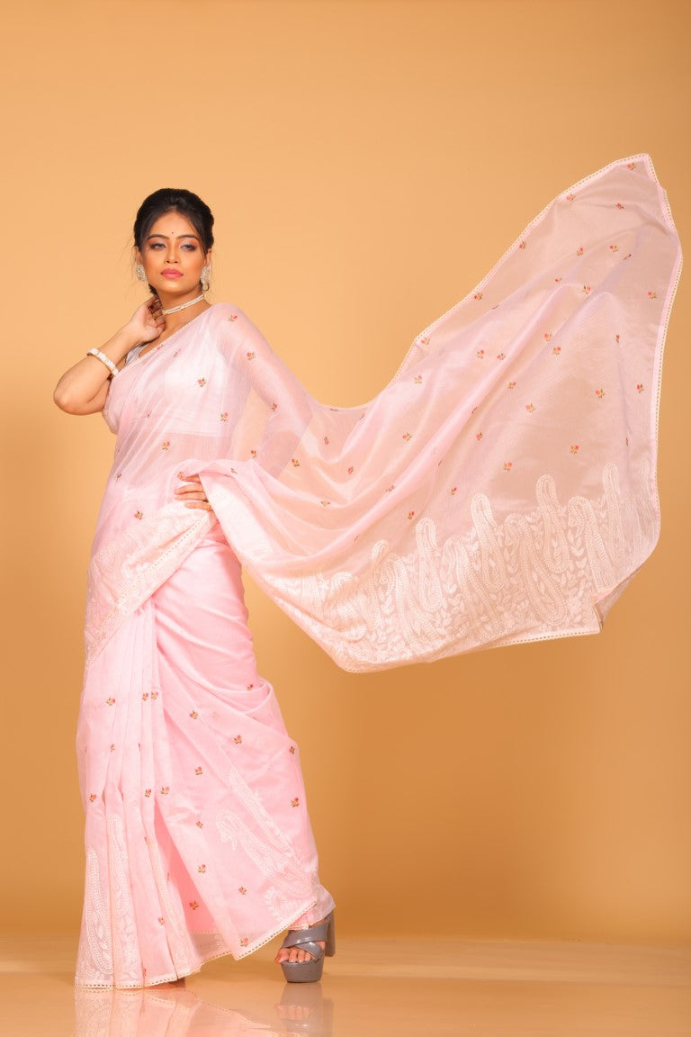 Morchari Cotton Supernet Embroiedery Saree - Light Pink