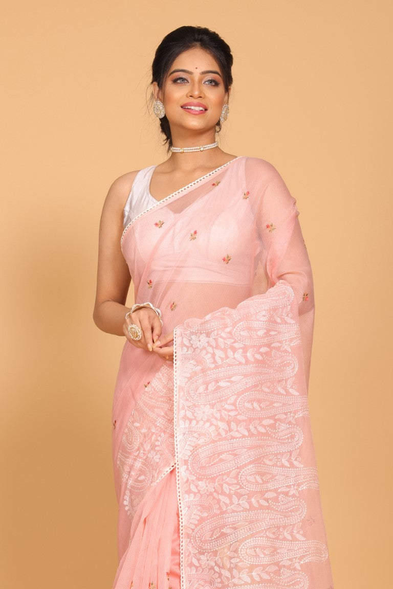 Morchari Cotton Supernet Embroiedery Saree - Onion Shade