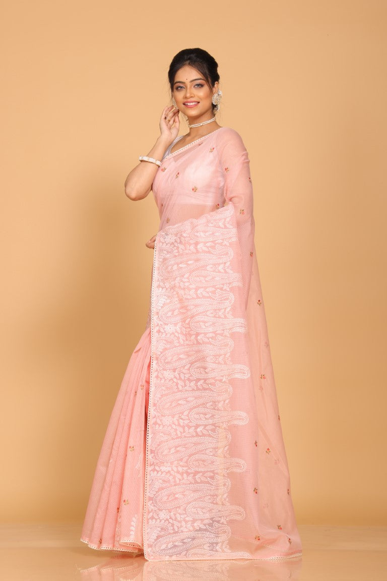 Morchari Cotton Supernet Embroiedery Saree - Onion Shade