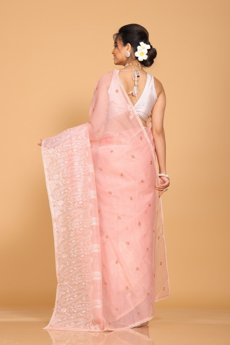 Morchari Cotton Supernet Embroiedery Saree - Onion Shade