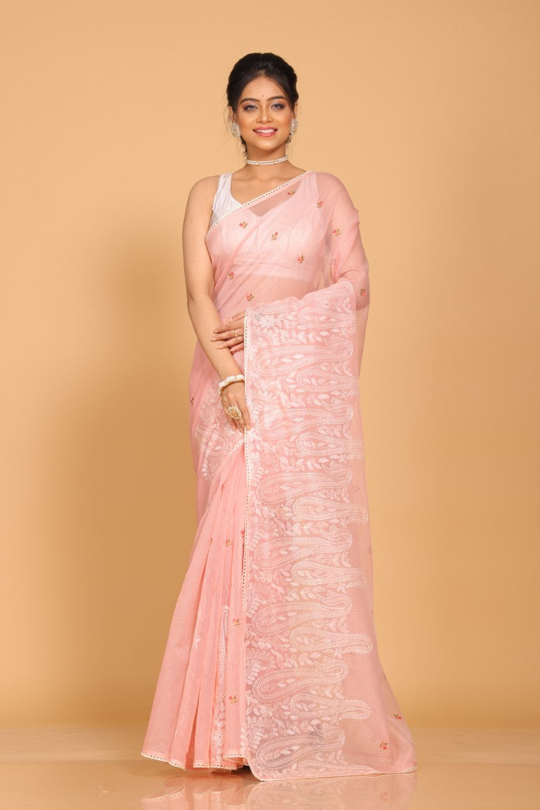 Morchari Cotton Supernet Embroiedery Saree - Onion Shade