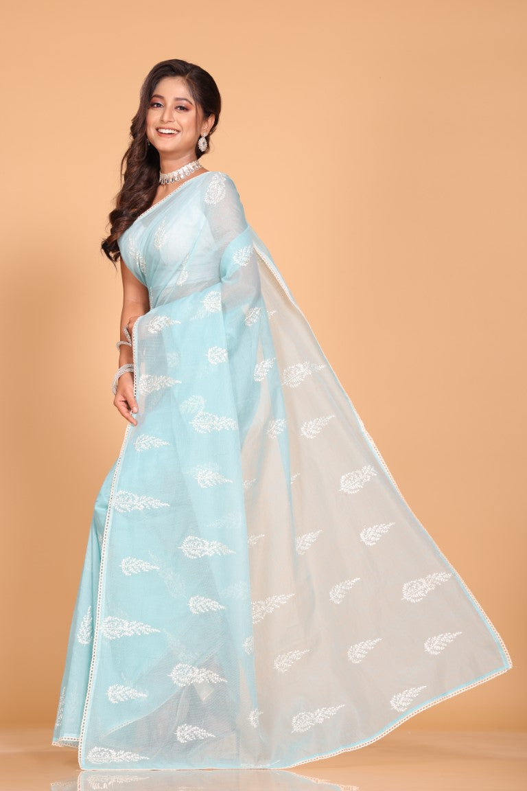 Morchari Cotton Supernet Embroiedery Saree - Blue