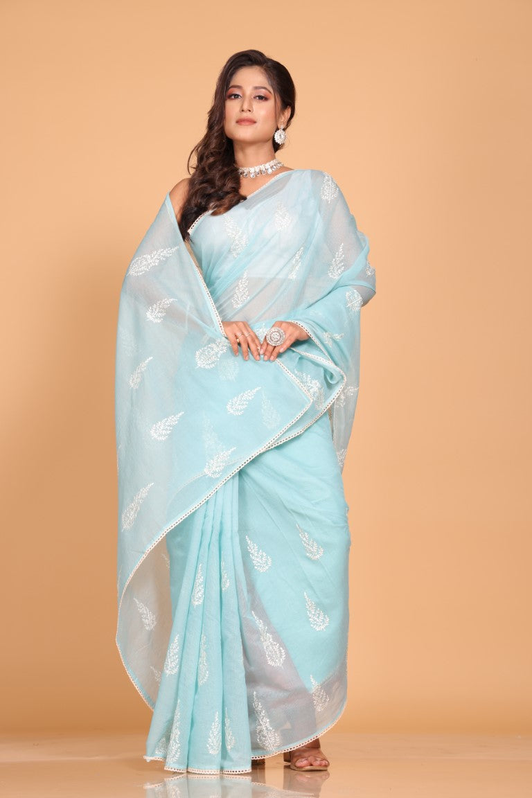 Morchari Cotton Supernet Embroiedery Saree - Blue