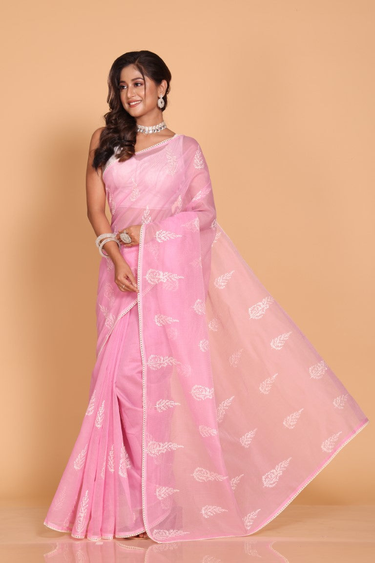 Morchari Cotton Supernet Embroiedery Saree - Pink