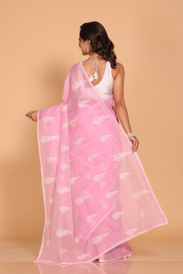 Morchari Cotton Supernet Embroiedery Saree - Pink