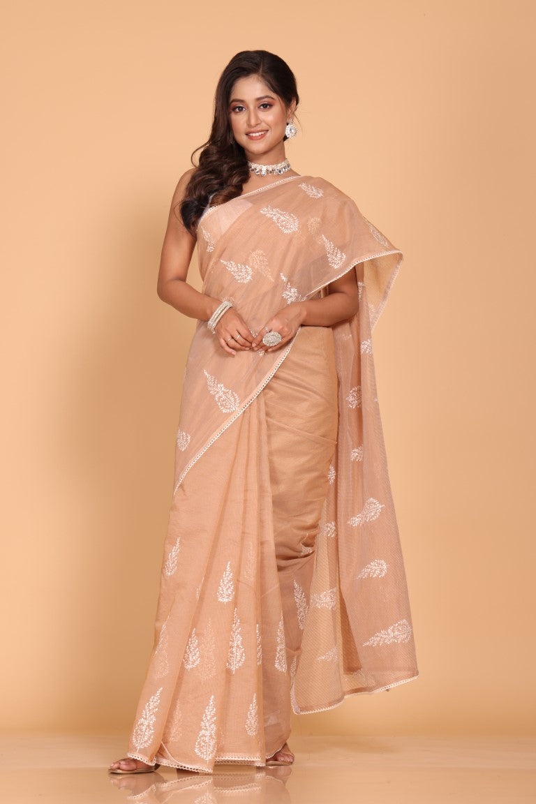 Morchari Cotton Supernet Embroiedery Saree - Brown