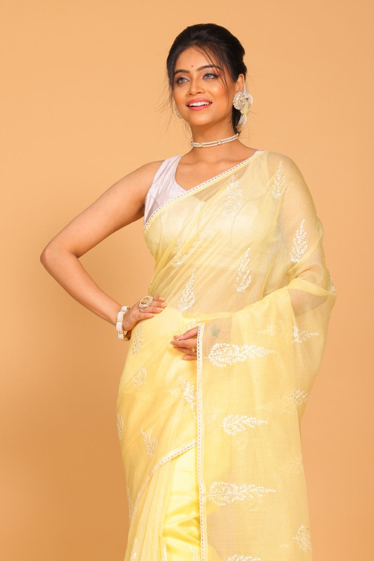 Morchari Cotton Supernet Embroiedery Saree - Yellow