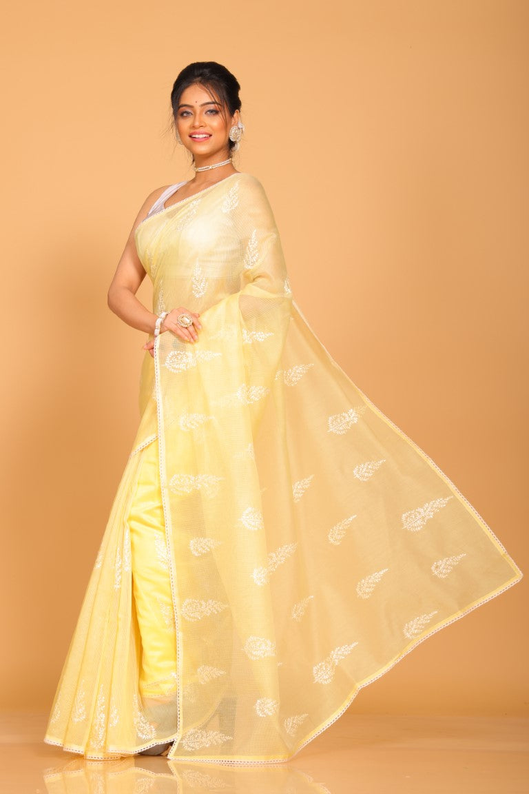 Morchari Cotton Supernet Embroiedery Saree - Yellow