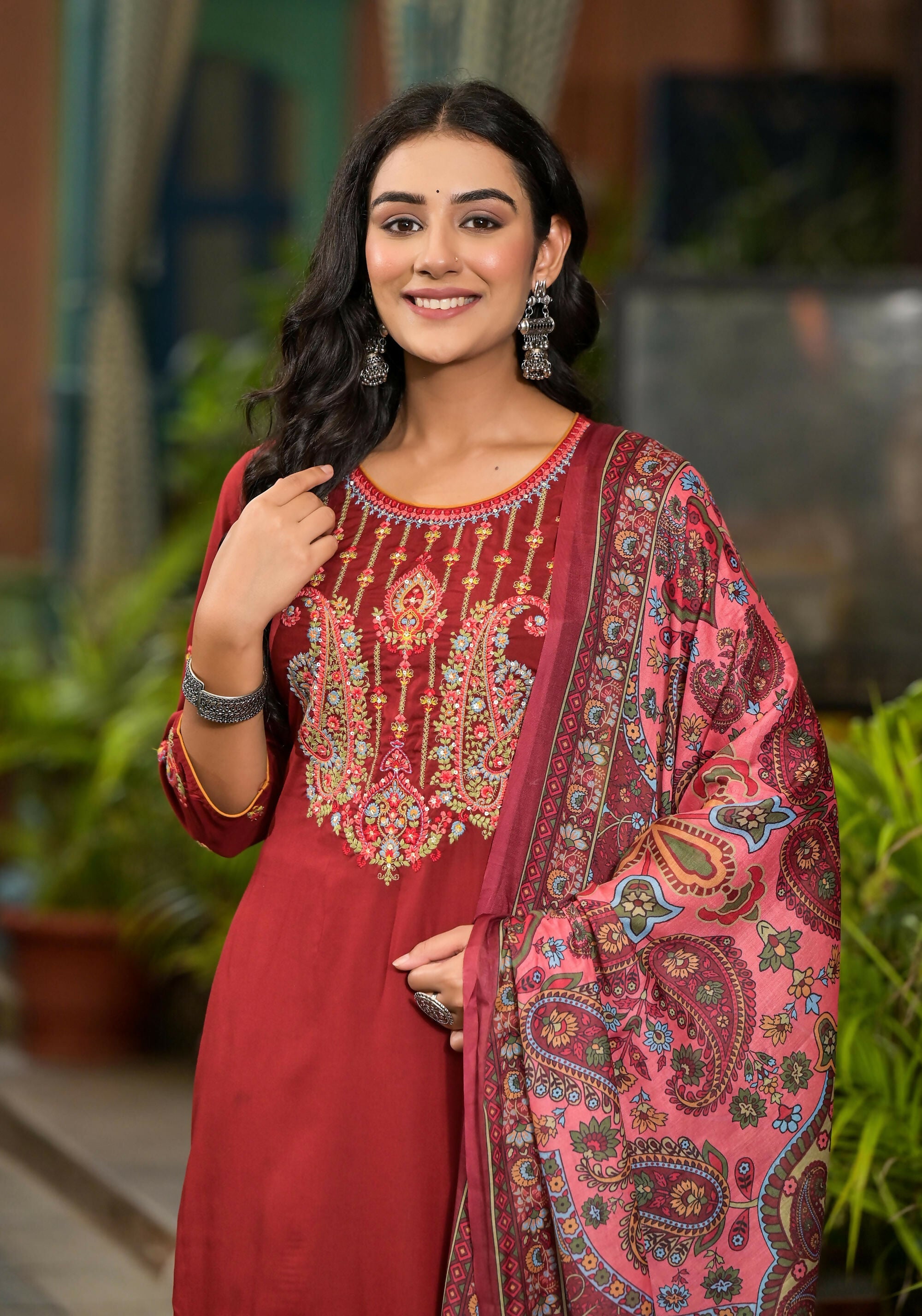 Juniper Women's Brown Thread Embroidered Liva Rayon Kurta Pant And Dupatta Set With Sequins