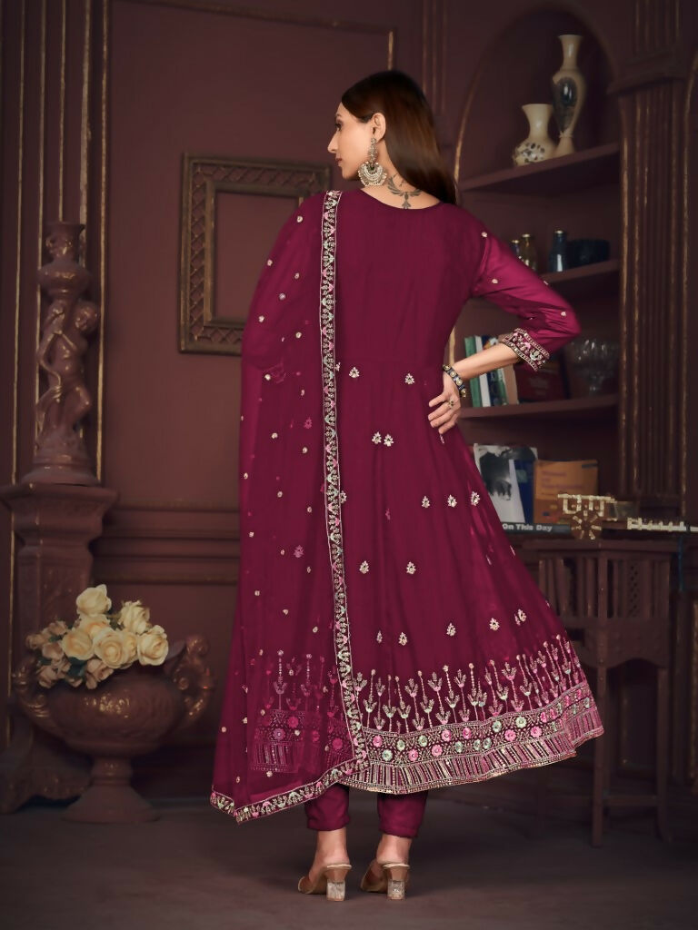 Jyoti Fashion Women's Rani Pink Georgette Embroidered Anarkali Kurta Pant Set With Dupatta