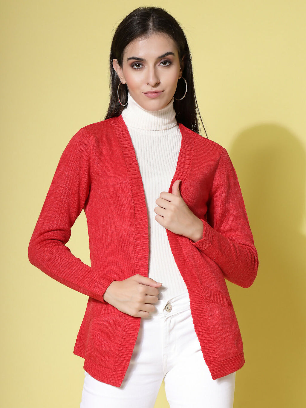 Women Red Acrylic Solid Cardigan - Wool Trees