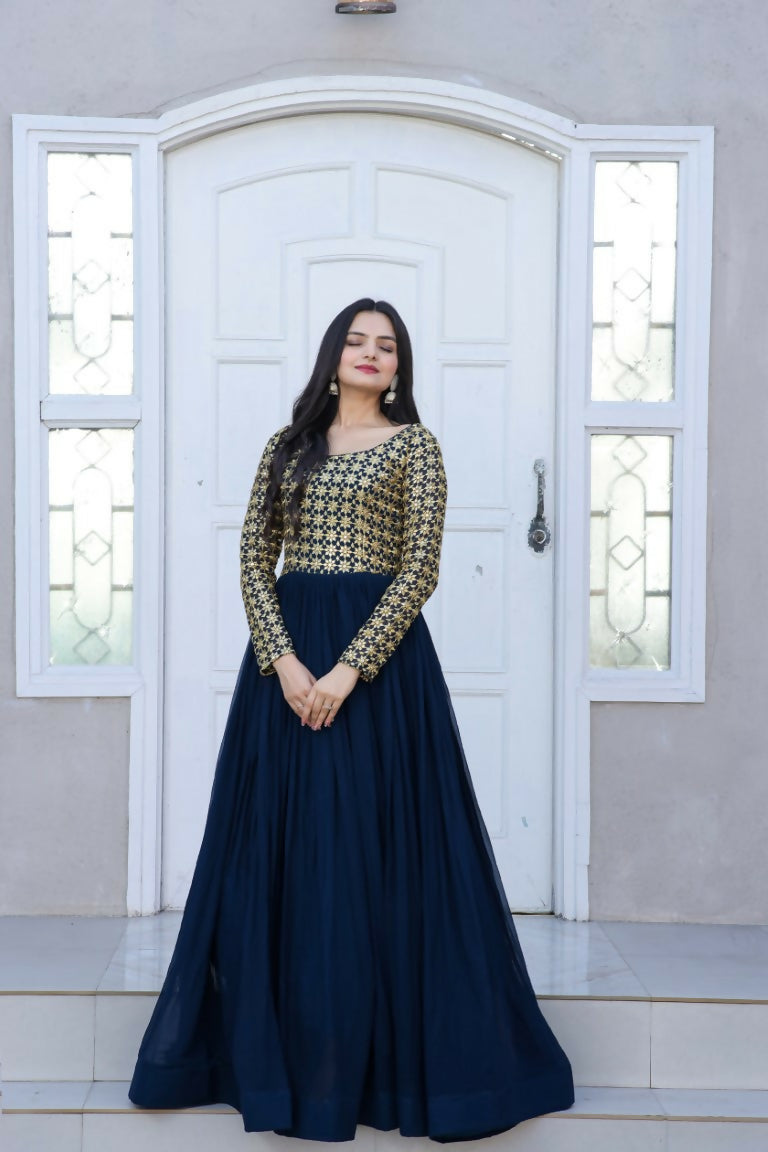Jyoti Fashion Women's Navy Blue Sequence Zari Embroidered Faux Blooming Anarkali Dress