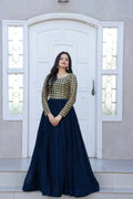 Jyoti Fashion Women's Navy Blue Sequence Zari Embroidered Faux Blooming Anarkali Dress