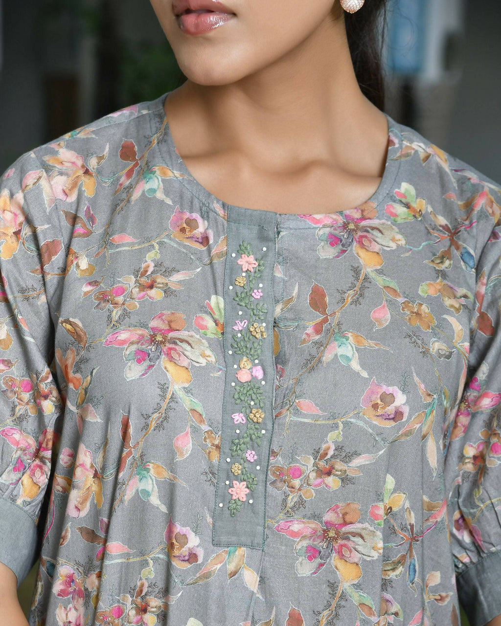 Vaasva Women's Grey Cotton Digital Printed Embroidered Placket Dress