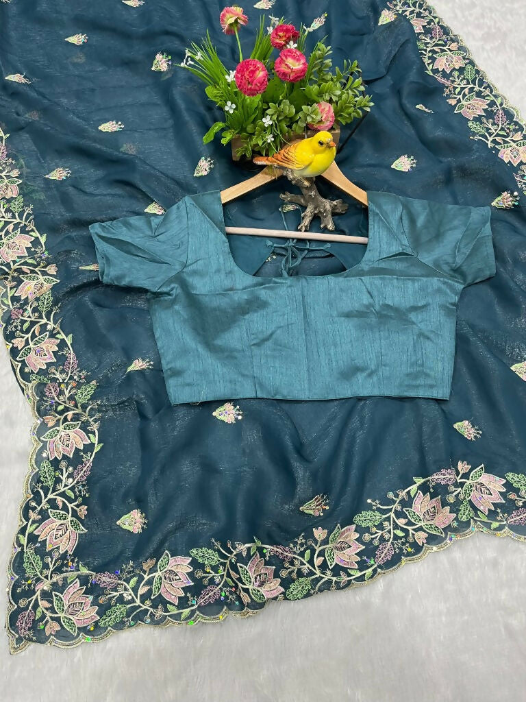 Vastranavya Gold Crunchy Multi Colour Threads Embroidery Work with Sequins Work Saree with Blouse material - Teal