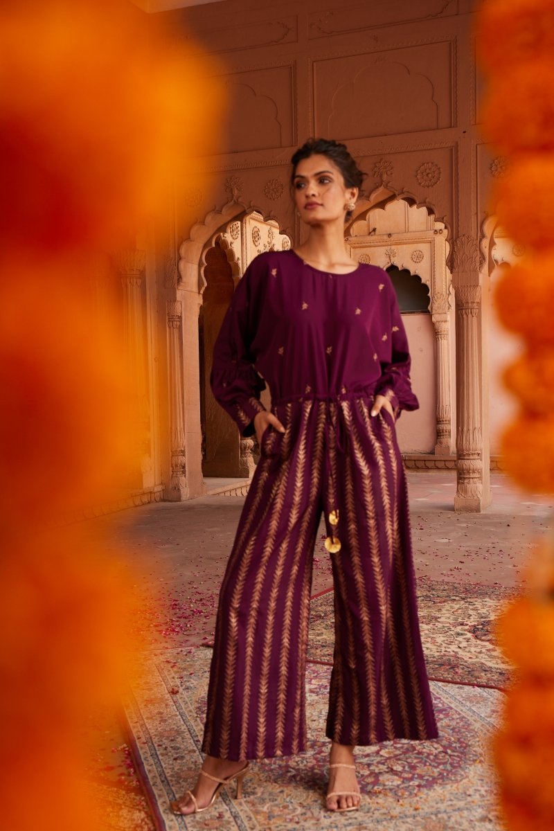 Ahalyaa Purple & Golden Printed Basic Jumpsuit