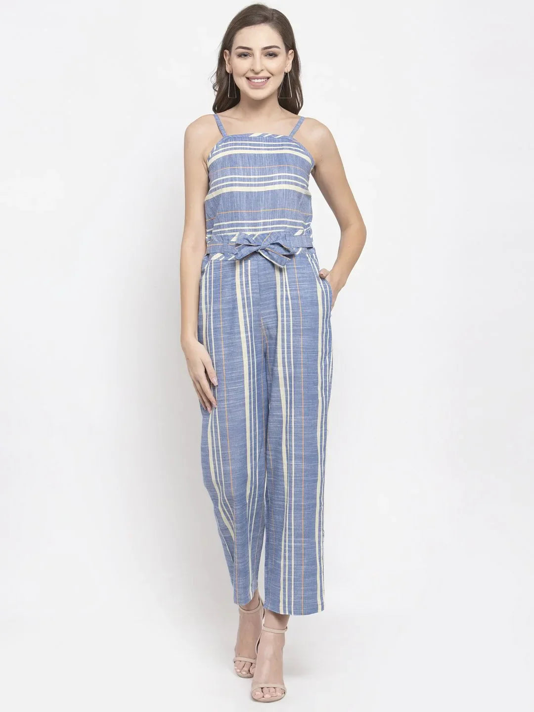 Jompers Women's Blue & Off-White Striped Basic Jumpsuit