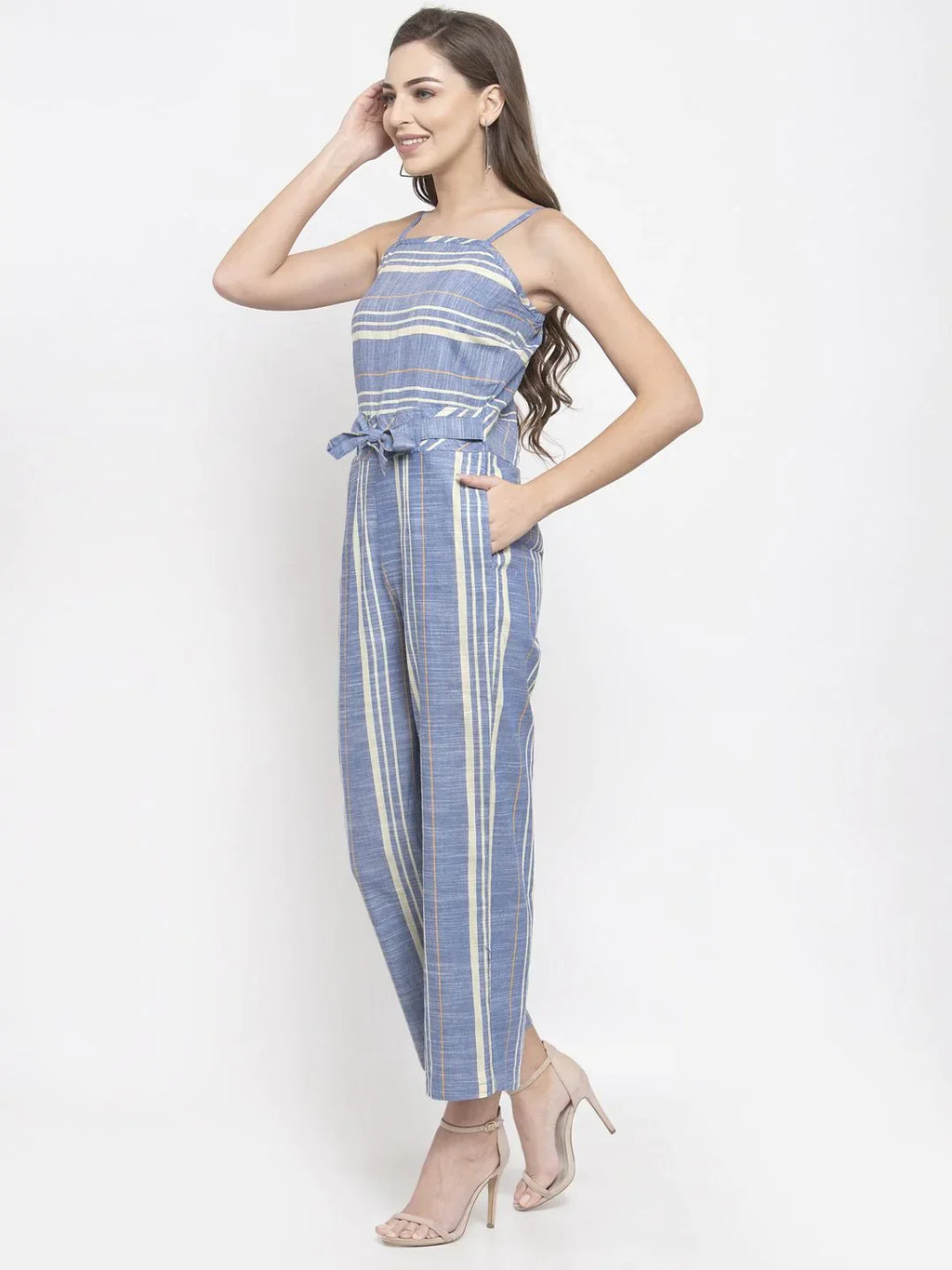 Jompers Women's Blue & Off-White Striped Basic Jumpsuit
