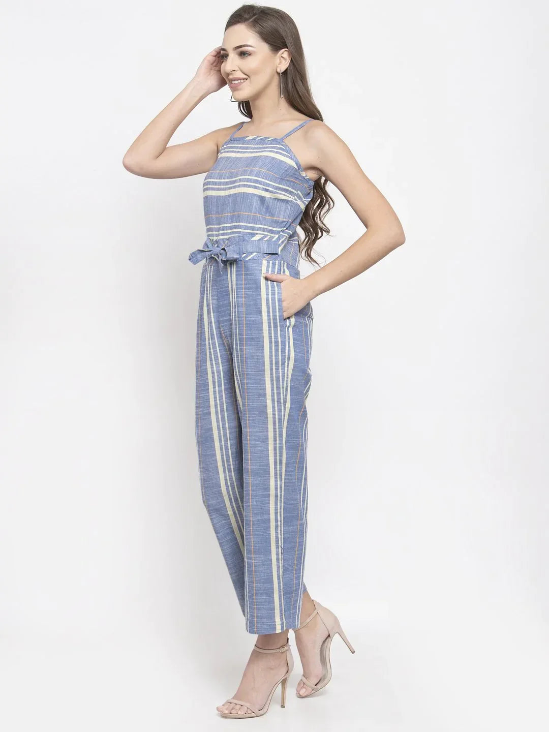Jompers Women's Blue & Off-White Striped Basic Jumpsuit