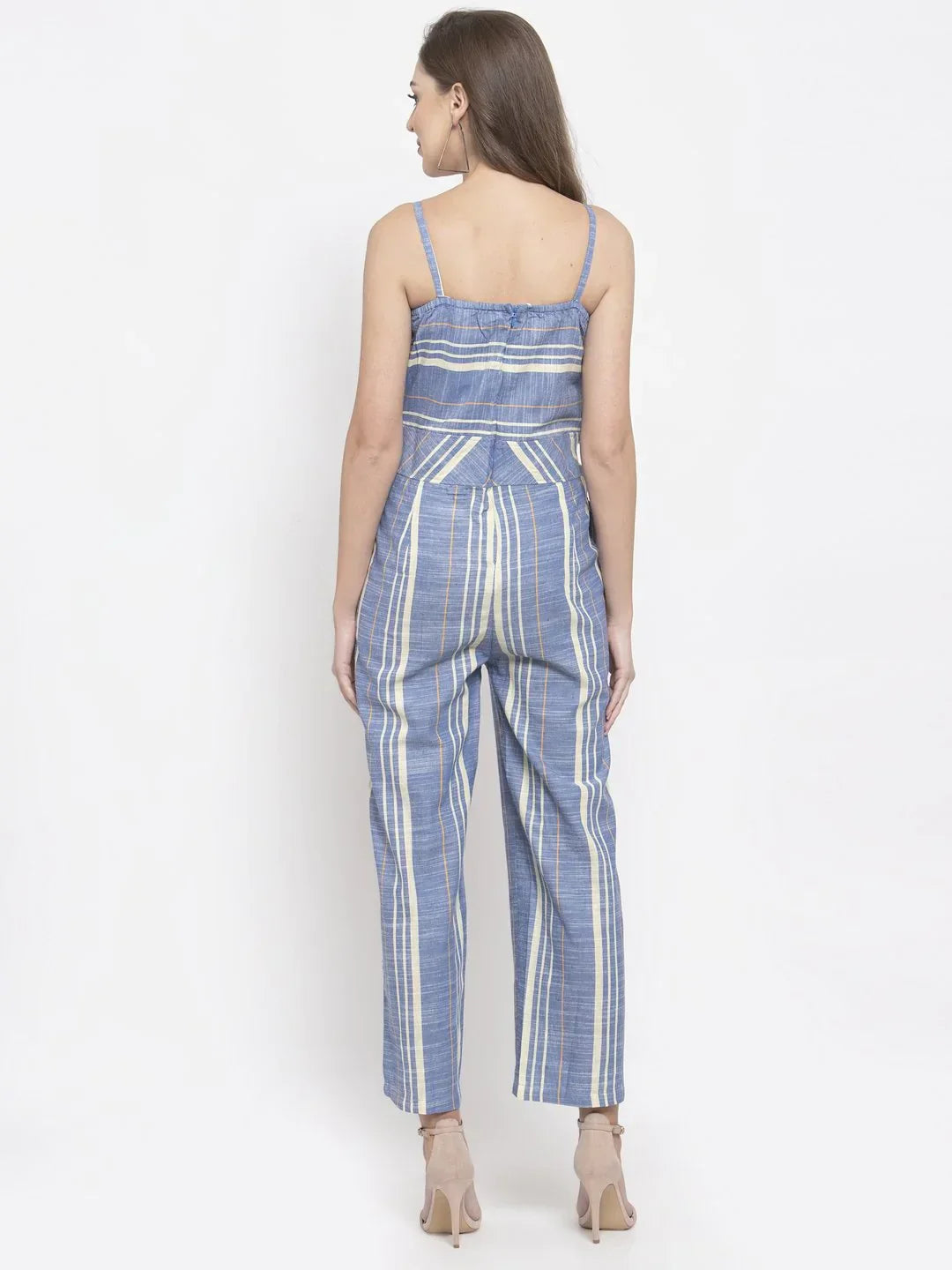 Jompers Women's Blue & Off-White Striped Basic Jumpsuit