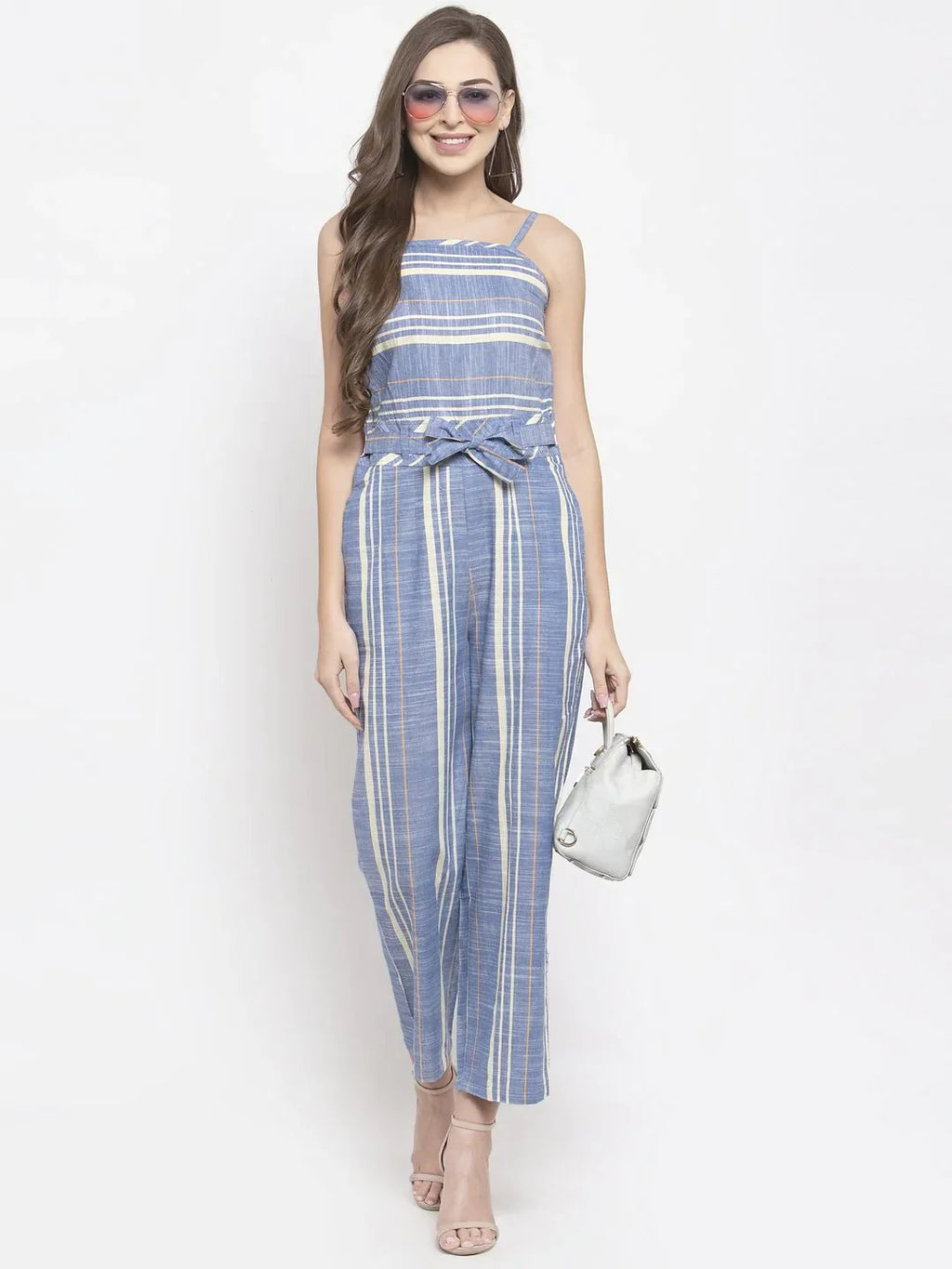 Jompers Women's Blue & Off-White Striped Basic Jumpsuit