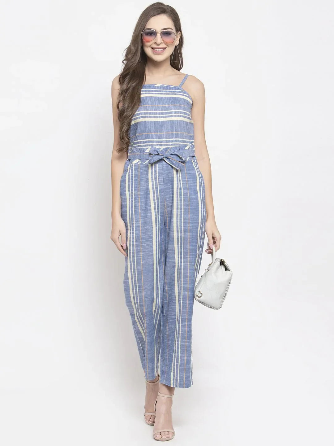 Jompers Women's Blue & Off-White Striped Basic Jumpsuit